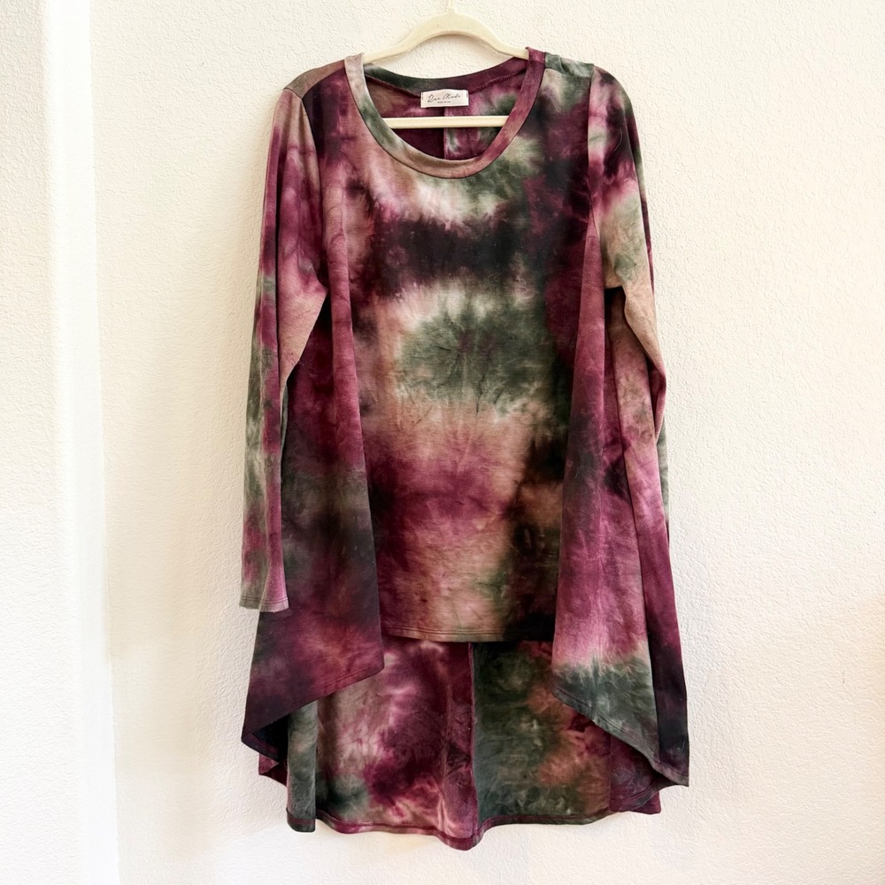 Rae Mode Womens 2XL Tie Dye High Low Tunic Top Burgundy Green T9294PL USA Made
